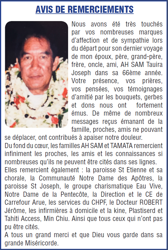 Avis de remerciements Famille AH SAM-TAMATA