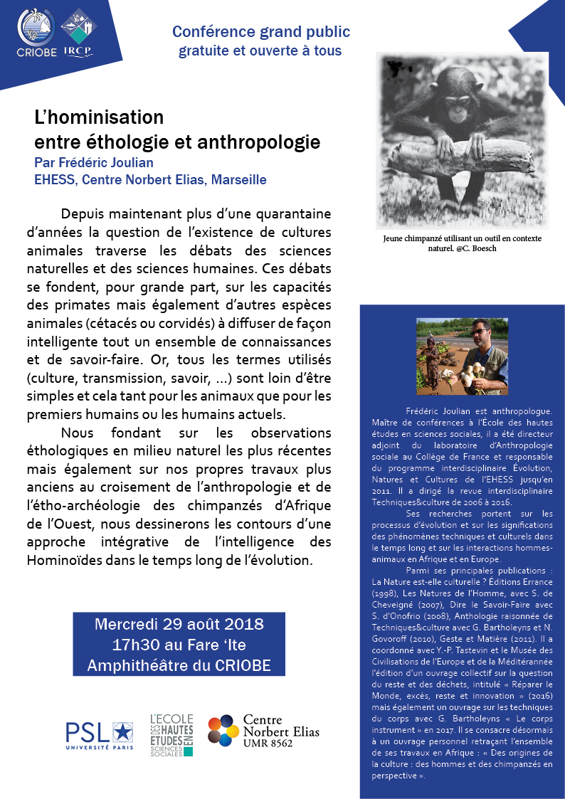 Conférence : L’hominisation entre éthologie et anthropologie
