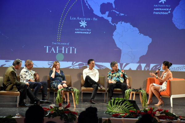 Vaihere Lissant, directrice Marketing et Communication Tahiti Tourisme  Michel Monvoisin Président Directeur général Air Tahiti Nui Lionel Rault, Délégué Régional Air France Julie Reid, United Airlines, directrice Tahiti, Australie, Nouvelle Zélande Gille Gosselin Tahiti Tourisme France Belgique Marc Newell, French Bee, Sales Manager USA and South Pacific