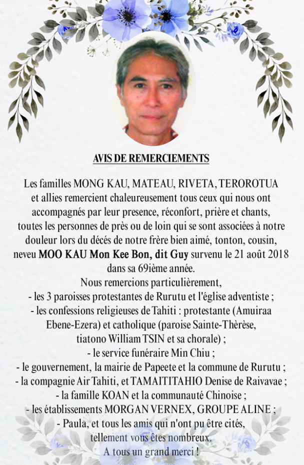 Avis de remerciements Famille MOO KAU - MONG KAU
