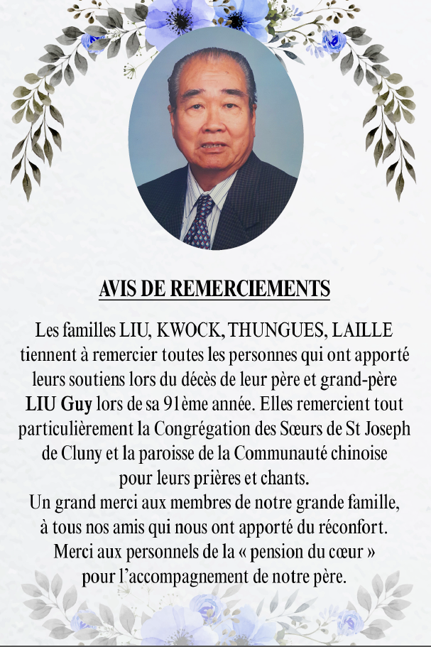 Avis de remerciements Famille LIU