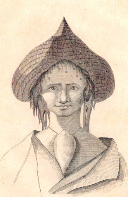 Femme de l’île de Pâques lors des premiers voyages de découverte. Son collier reste un mystère car il ne correspond pas à un coquillage de l’île et l’on ignore de quoi il était fait.