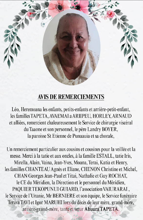 Avis de remerciements Famille TAPETA - AVAEMAI a ARIIPEU