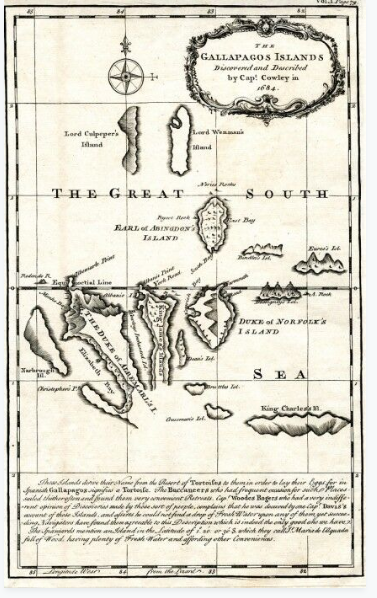 Cette carte parcellaire des Galapagos est due au capitaine anglais William Ambrose Cowley  qui pensa avoir découvert cet archipel en 1683. La carte daterait de 1744.