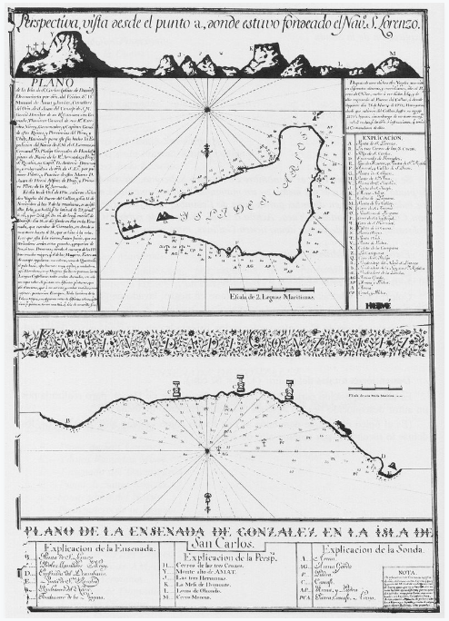 Carte et plan relevés par les spécialistes accompagnant de Ahedo à l’île de Pâques en 1770.