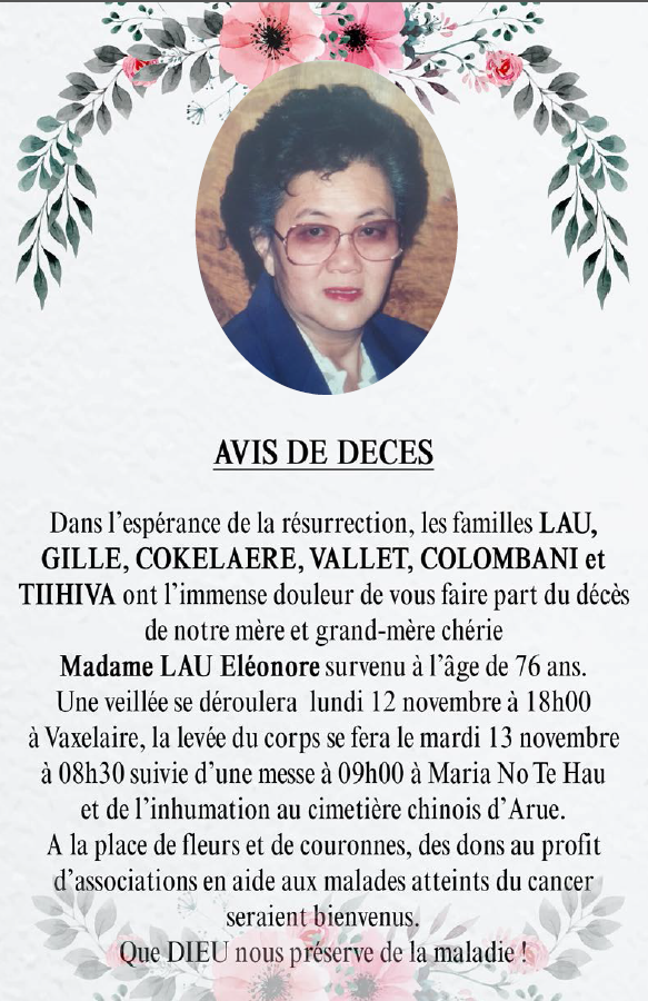 Décès de Madame LAU Eléonore