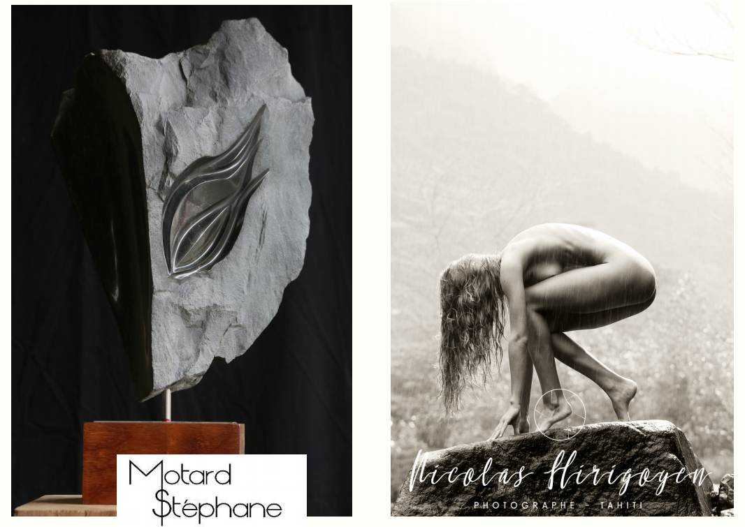 Sculptures et photographies présentées salle Muriavai