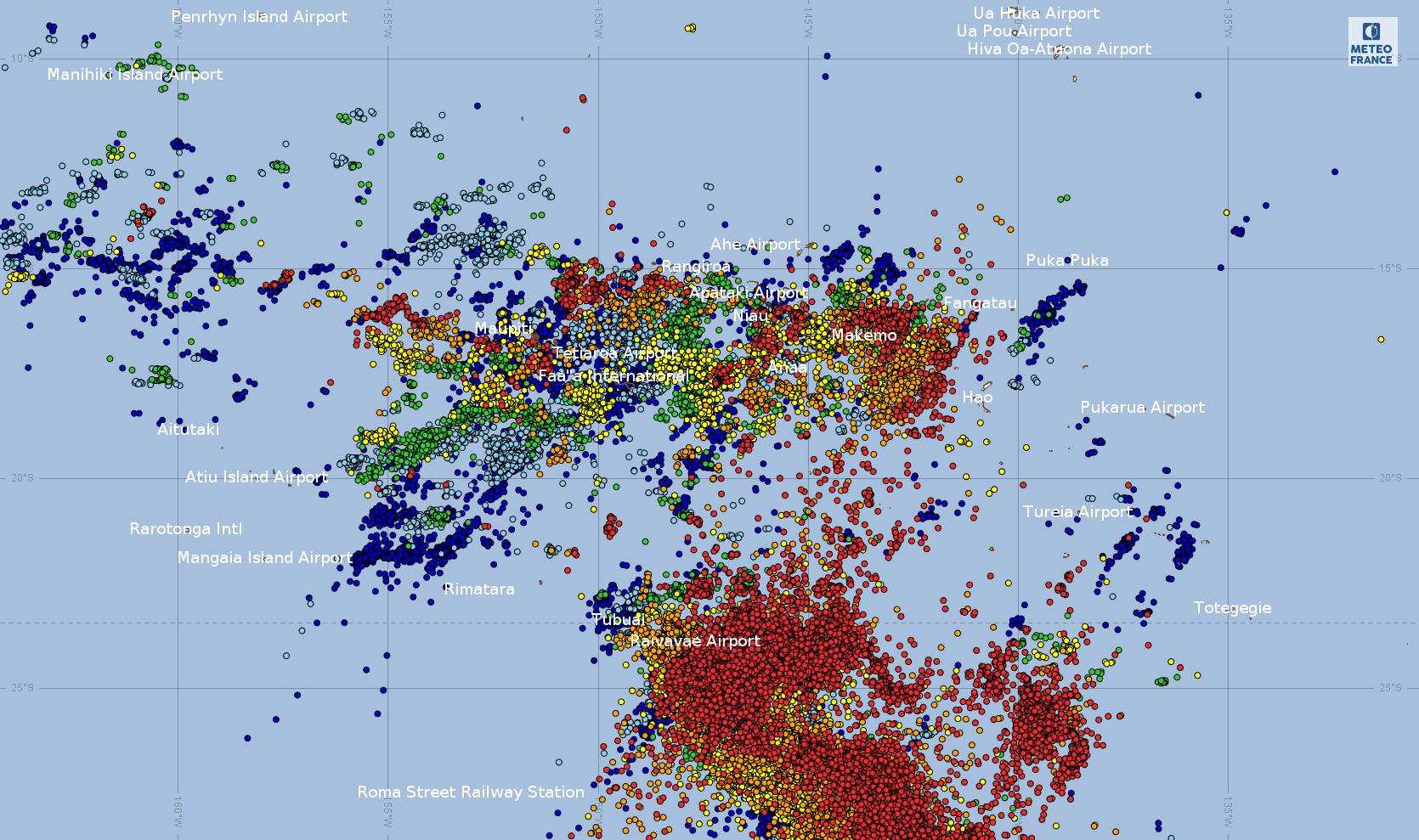Impacts de foudre sur la Polynésie entre le 24 décembre à 14h et le 25 décembre 2018 à 14h (source :WWLLN)