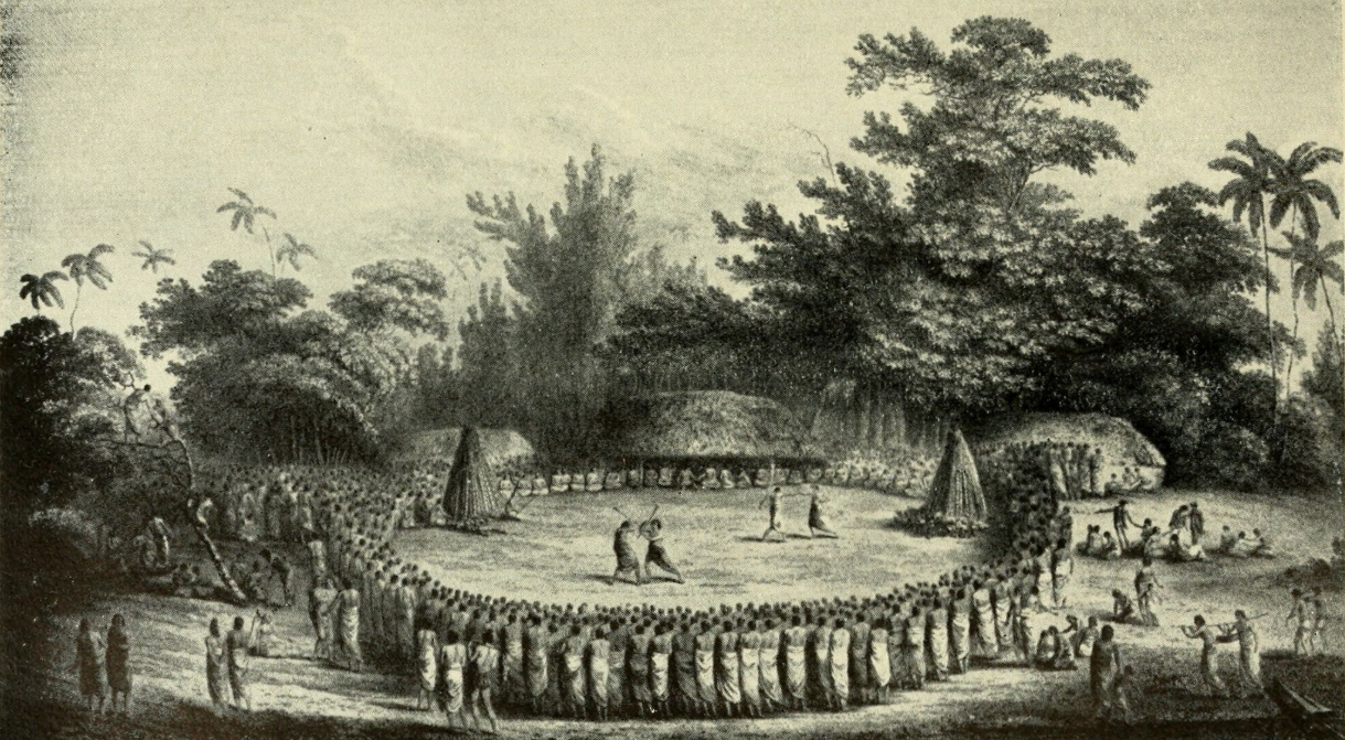 Le 12 mars 1781, le chef de Vava’u offrit une grande fête en l’honneur des Espagnols. Cette gravure (une fête donnée aux équipages de James Cook), donne une idée de l’accueil reçu par les Espagnols aux Tonga.