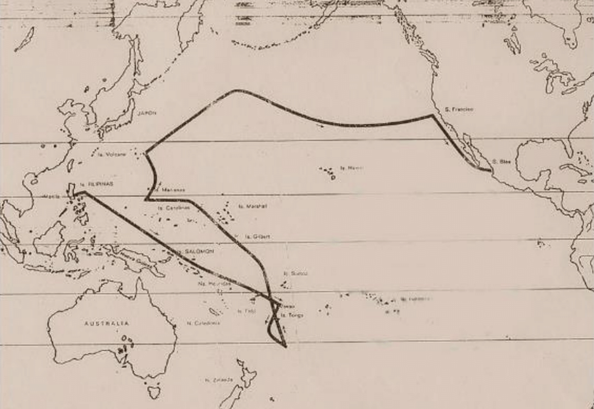 Le trajet de Mourelle à partir des Philippines. Pour trouver des vents portants, il eut fallu qu’il descende encore plus au sud, afin d’être porté sans difficulté vers les côtes de l’Amérique du Sud.