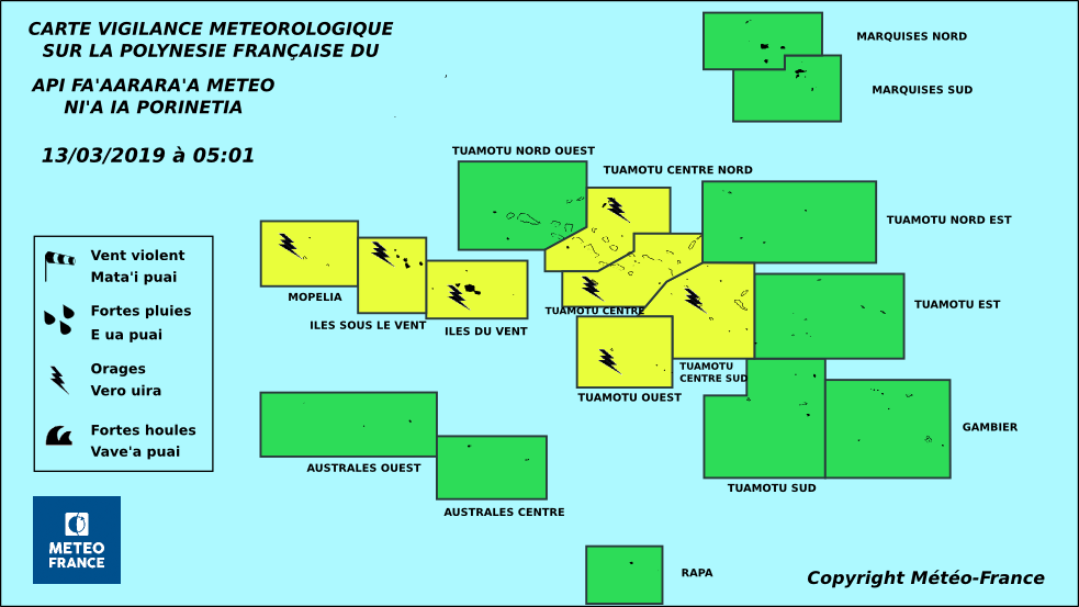 Vigilance jaune pour des orages sur la Société et les Tuamotu du centre et de l'ouest