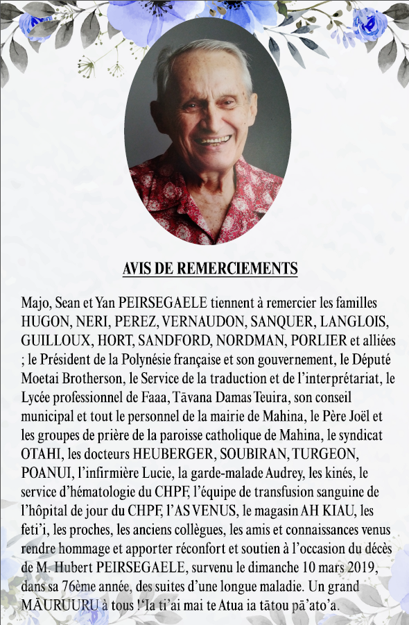 Avis de remerciements Famille PEIRSEGAELE