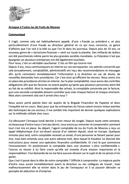 Arnaque au Président : le témoignage du directeur de Jus de fruits de Moorea