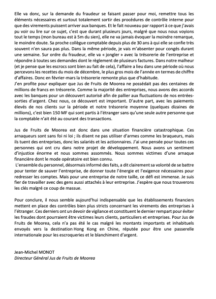 Arnaque au Président : le témoignage du directeur de Jus de fruits de Moorea