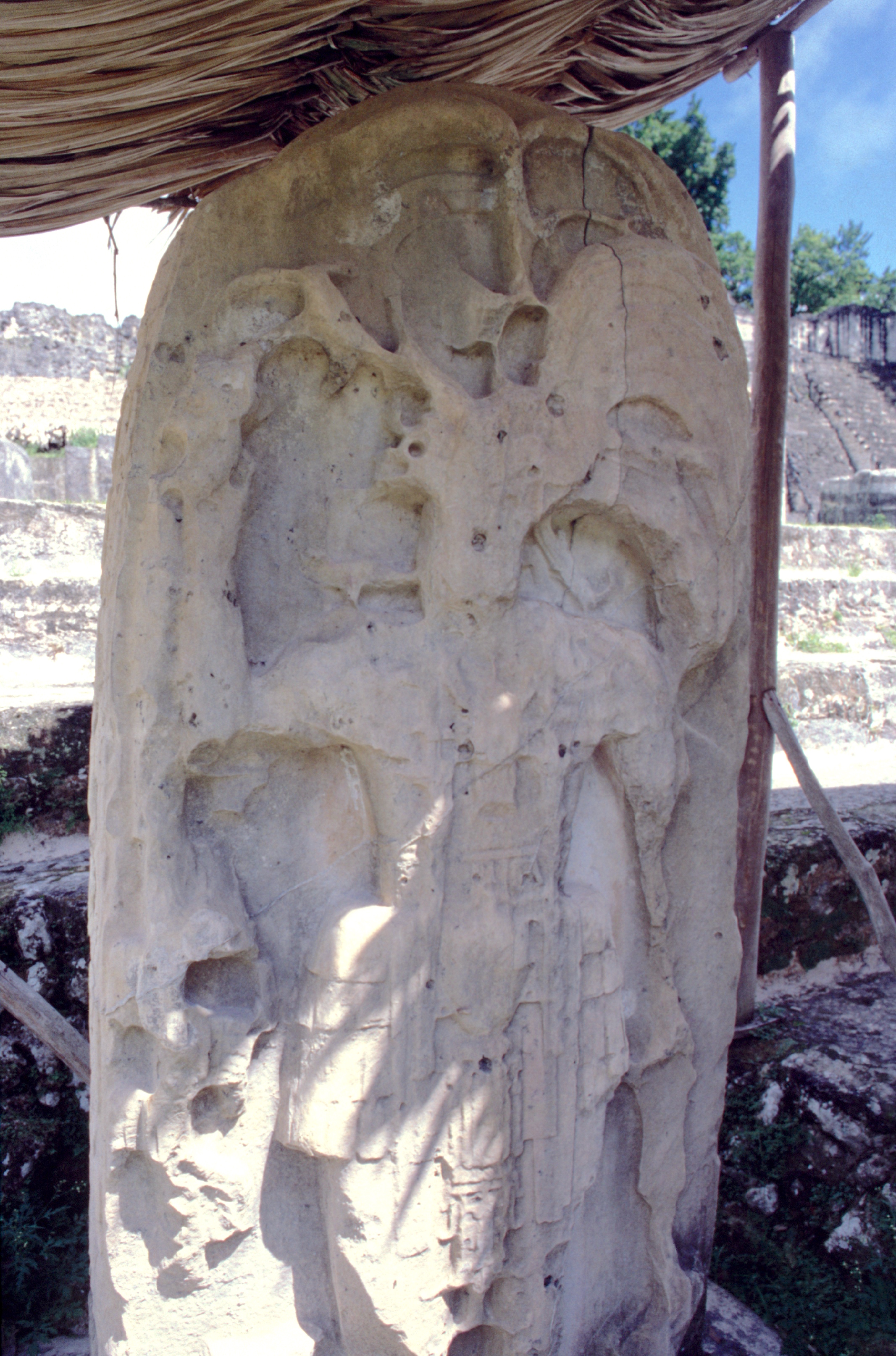 Protégée des intempéries, cette stèle montre à la fois le savoir-faire des sculpteurs mayas et en même temps la fragilité de la pierre taillée sur place, un grès crayeux. La stèle est appelée Kalompe Balam « Ruler Jaguar » et a été  dédicacée en l’an 527.