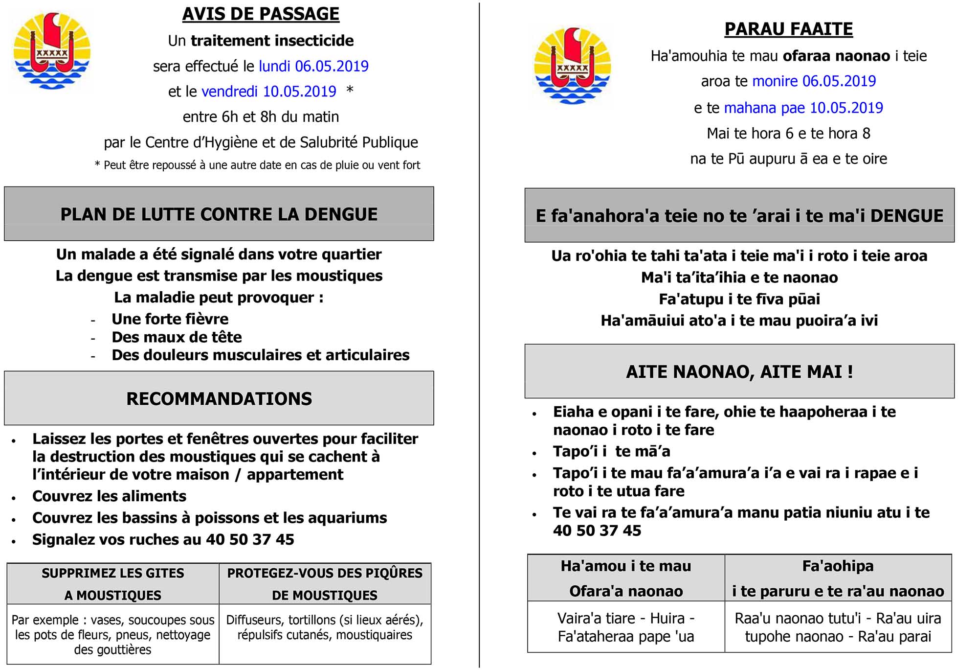 Lutte contre la dengue de type 2 : De nouvelles pulvérisations prévues à Mahina