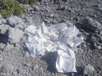 Des centaines de sacs plastiques sur le récif de Kauehi