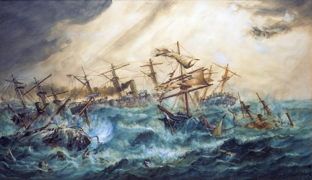 Cette peinture représente le chaos dans le port d’Apia lors du cyclone.