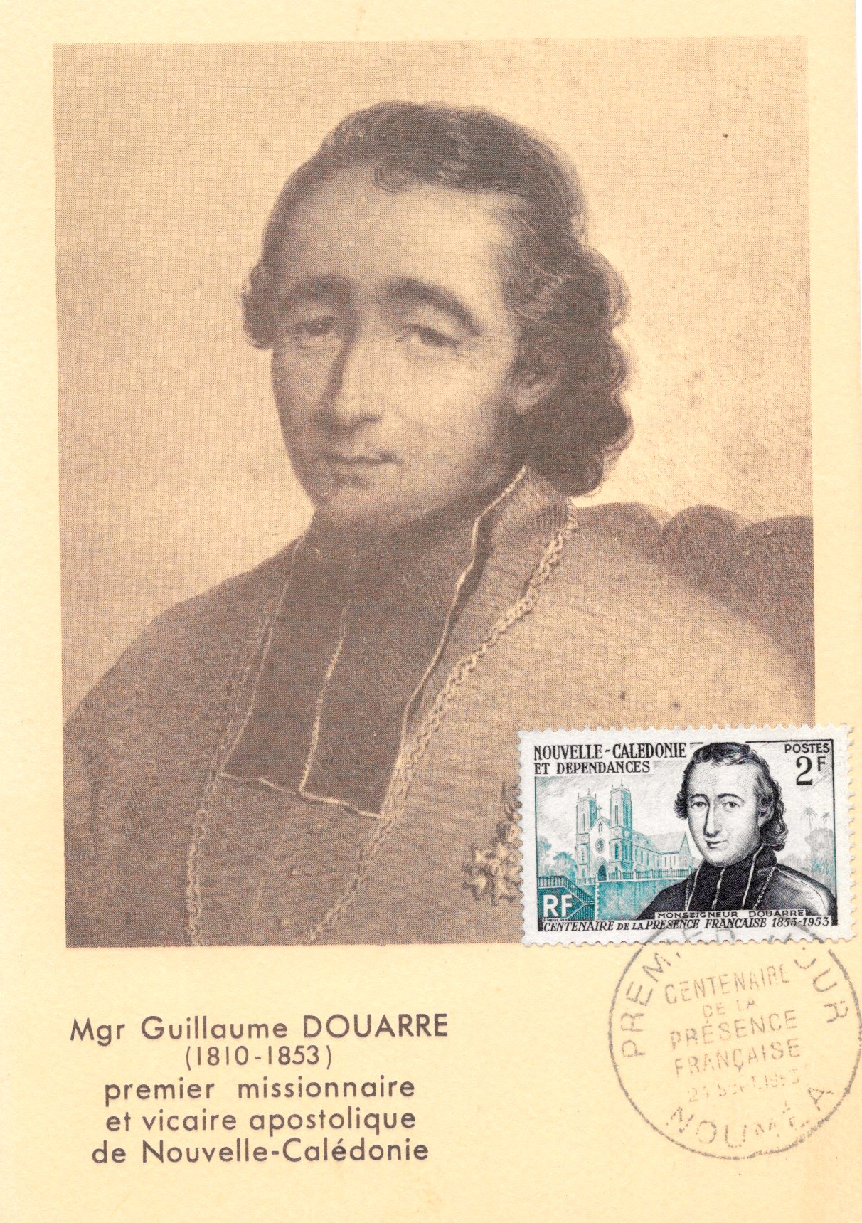 En 1953, la Nouvelle-Calédonie a rendu un hommage philatélique à Mgr Douarre, à l’occasion du centenaire de sa mort (col.DP).