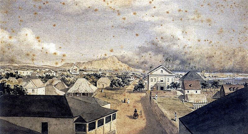 Queen Street en 1856. Difficile d’imaginer des militaires français défilant dans les rues d’Honolulu en conquérants…