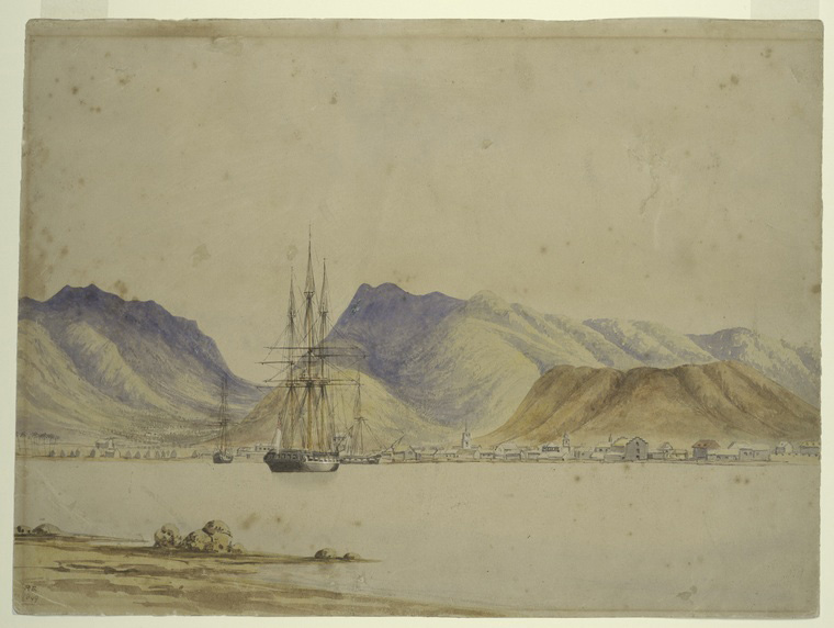 Une vue du port de Honolulu par Robert Elwes, en 1849. Les reliefs sont un peu trop marqués par rapport à la réalité.
