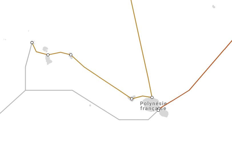Le câble Honotua Domestique passe d'abord par Moorea avant de se diriger vers Huahine (carte de submarinecablemap.com, avec Honotua en jaune, Natitua en orange et le projet Manatua en gris)