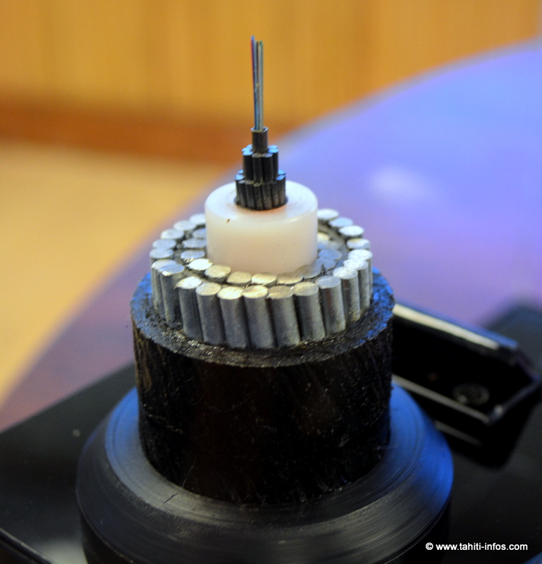 Vu en coupe du câble Honotua. Ces quelques brins de fibre optique suffisent à relier des milliers d'habitants à internet. Ils sont protégés par une belle armature, pas toujours suffisante contre les accidents.