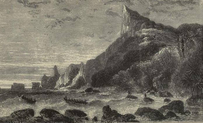 La bay of Bounty à Pitcairn, où ancra Belcher en 1825, escale qui permit à son ex-femme, lady Diana Belcher, de publier un récit détaillé de la mutinerie de la HMS Bounty en 1789.
