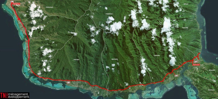 Le "tracé" abandonné de Route du sud prévoyait de relier la Punaruu à Taravao, sur une distance de 43 kilomètres par une route de dégagement à quatre voies aménagée en fond de plaine, au pied des montagnes, sur une emprise de 60 mètres, talus inclus.