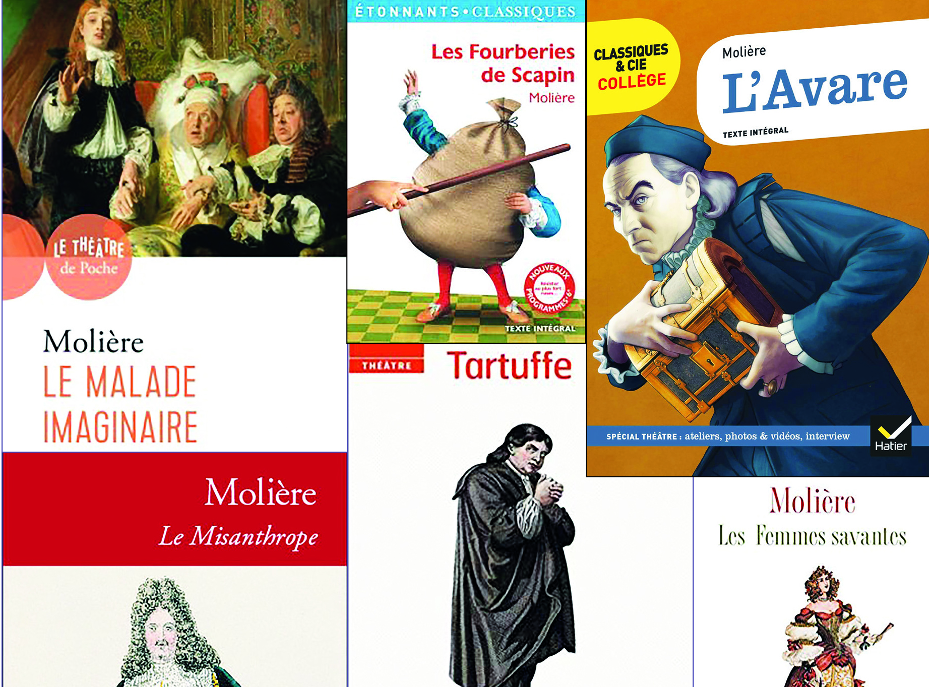 L’œuvre de Molière consiste en une trentaine de comédies en vers ou en prose. Il y a notamment Le Malade imaginaire, Le Tartuffe ou l’Imposteur, l’Avare, le Bourgeois gentilhomme, Les Femmes savantes…