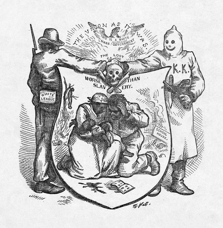 Dessin paru dans le Harper's Magazine d'octobre 1874 critiquant l'alliance de la White League et du Ku Klux Klan contre la reconstruction du Sud.