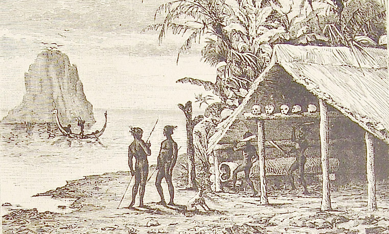 Cette ancienne gravure du XIXe siècle montre des Salomonais, plus précisément des « Salt Water People » devant leur case, avec des têtes en guise de trophées.