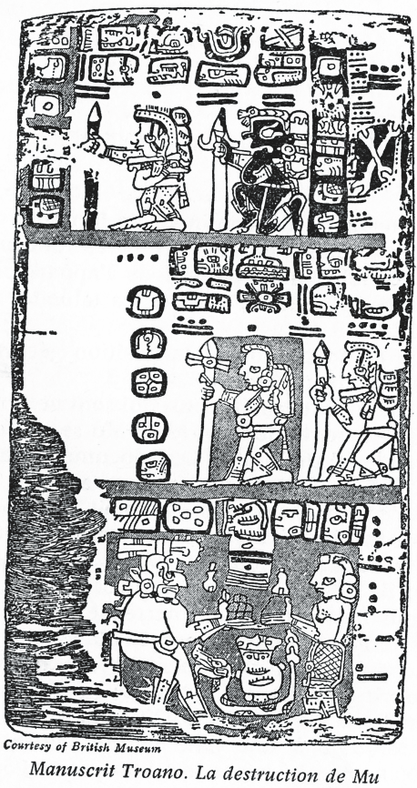 Sur les glyphes mayas conservés au British Museum, Churchward prétendit avoir lu l’histoire de la brève et brutale destruction de Mu.