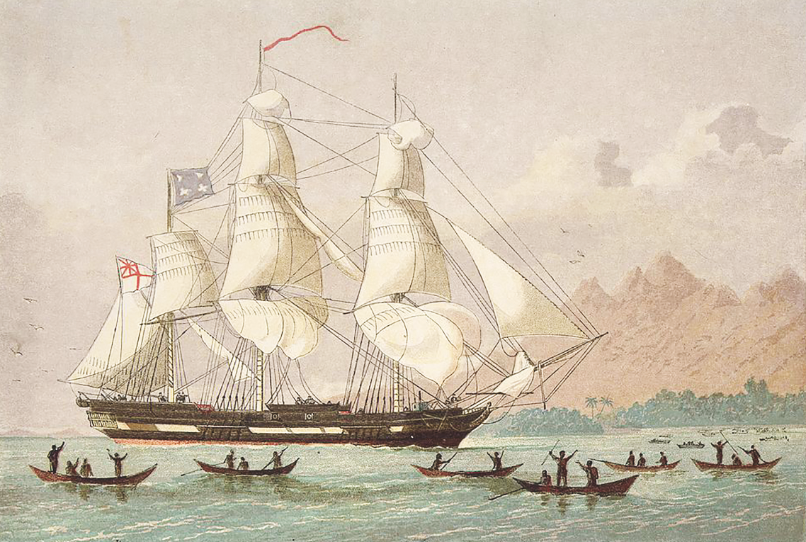 Le célèbre Duff, le bateau qui amena les missionnaires de la London Missionary Society dans le Pacifique Sud, au terme d’un épuisant voyage.