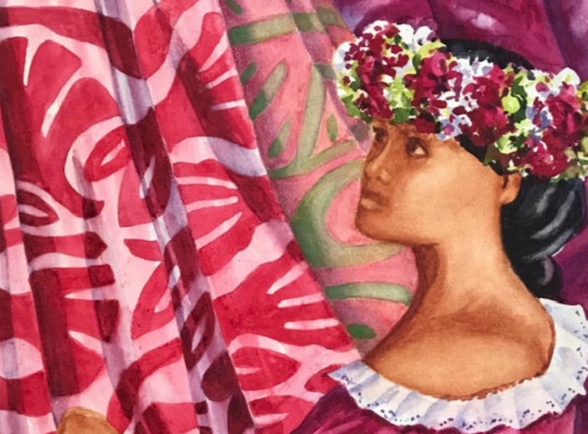 Cette année, le tifaifai est mis à l’honneur, habille les compositions très colorées, et occupe les artisanes qui figurent sur les aquarelles.