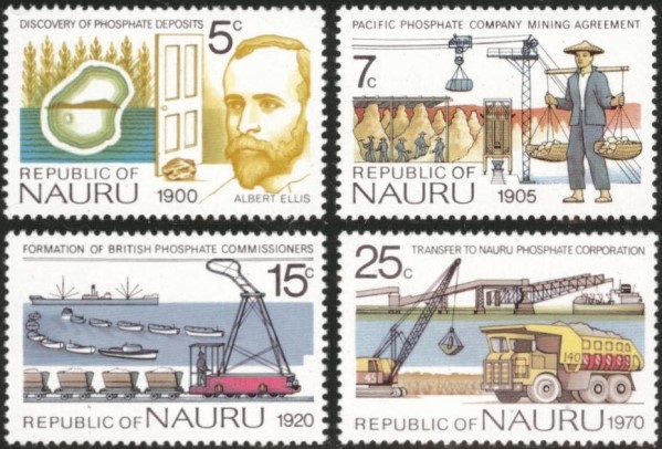 Nauru, en 1975, au moment où l’île était prospère, rendit hommage à Albert Ellis et aux acteurs du succès que représenta le phosphate pendant presque un siècle.
