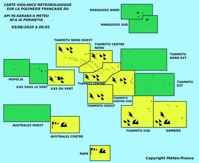 Vigilance jaune sur le centre et le Sud du fenua 