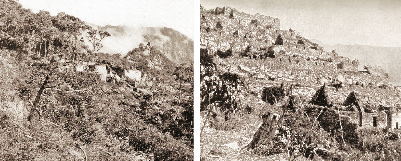 Deux documents exceptionnels, photos prises par Hiram Bingham lui-même en 1911 puis en 1912 :  on y voit le Machu Picchu tel qu’il apparut à l’explorateur américain puis tel qu’il était un an plus tard, après les premiers travaux de défrichement (National Geographic avril 1913. Col DP).
