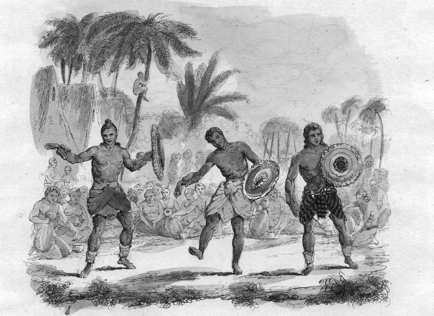 Des guerriers hawaiiens exécutant une danse : faire des prisonniers dans les combats permettait de disposer de victimes pour les sacrifices humains.