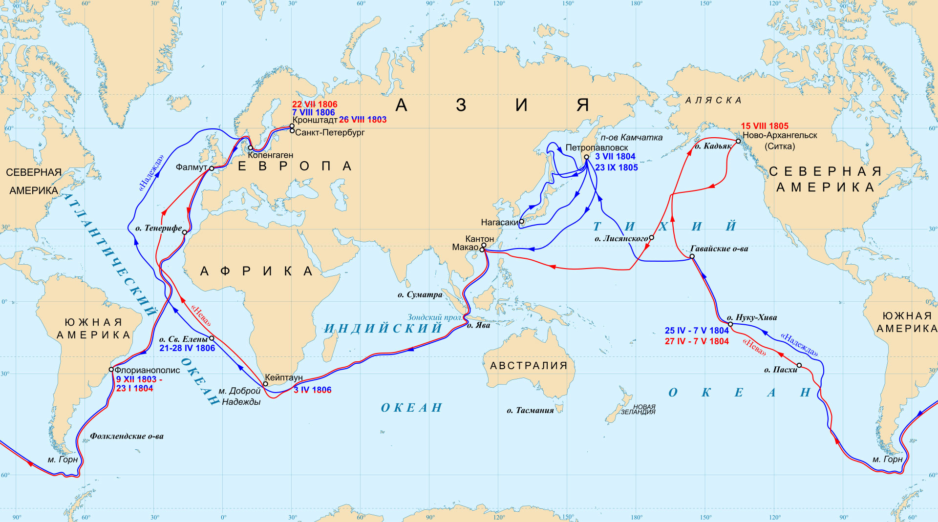 Le trajet des deux navires de la première circumnavigation russe. Celui de la Neva est en rouge et celui de la Nadezhda en bleu.