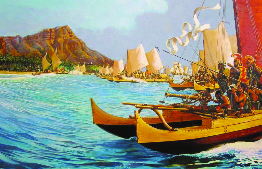 Cette peinture célèbre de Herb Kane montre Kamehameha s’attaquant à Oahu, en débarquant en force à Waikiki. On notera le petit canon à l’avant de la pirogue royale, une arme sans doute prise sur le Fair American du fils Metcalfe.