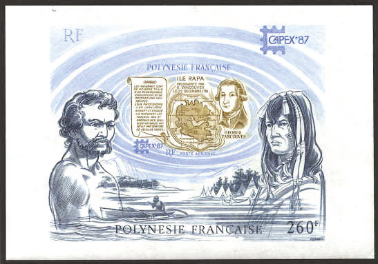 On doit à George Vancouver une découverte importante, l’île de Rapa dans l’extrême sud de l’actuelle Polynésie française. L’Office des postes lui a rendu hommage avec ce bloc.