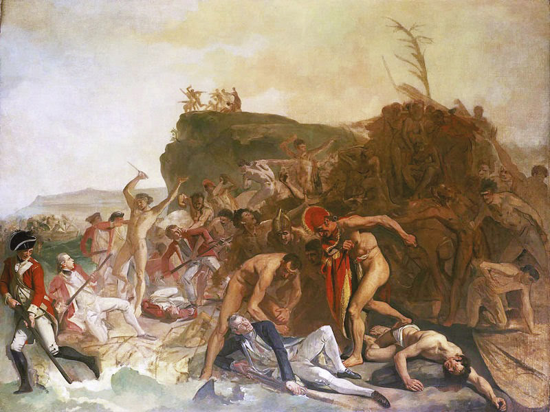 Le peintre Johann Zoffany n’a pas eu le temps d’achever cette toile illustrant la mort de James Cook le 14 février 1779. A l’époque, les Hawaiiens n’avaient pas encore d’armes à feu. Vancouver était présent lors du drame, il avait même été attaqué la veille.