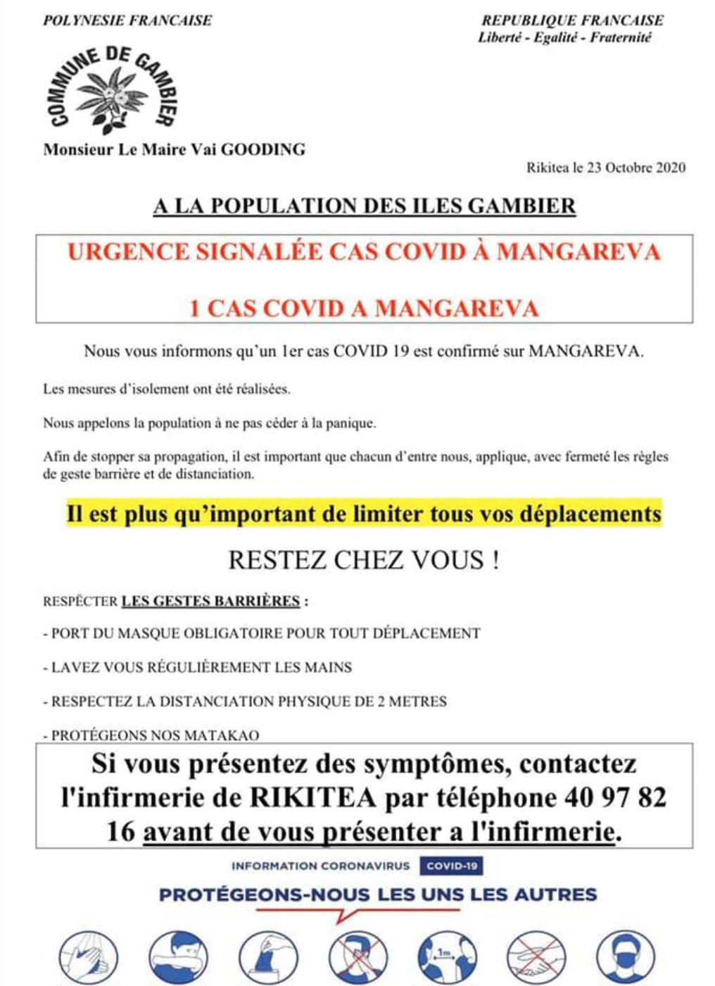 Covid-19 : Premier cas à Mangareva