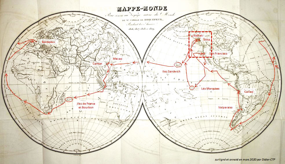 L’itinéraire suivi par de Roquefeuil à bord du Bordelais. Son escale aux Marquises dura deux mois qu’il mit à profit pour réparer son navire et étudier la vie de ceux que l’on appelait alors des “Indiens”.