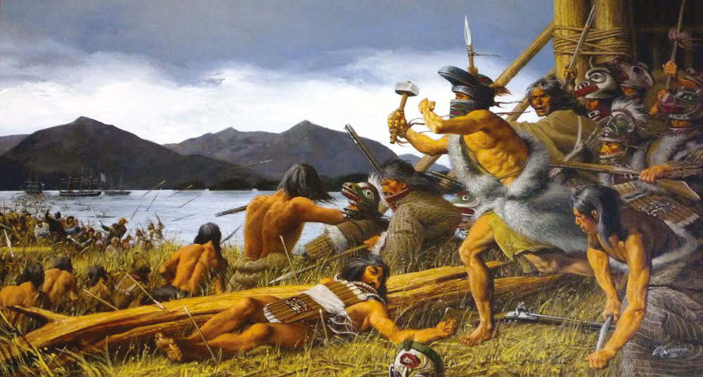 En installant soixante Kodiaques et son équipage sur les terres des Indiens Tlingits, de Roquefeuil sous-estima la réaction violente de ceux-ci, qui massacrèrent une vingtaine d’hommes ; sur ce tableau la bataille de Sitka qui permit aux Russes de conforter leur implantation dans la région. Face aux Tlingits, ils eurent les pires difficultés.