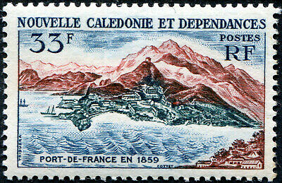 Sur cette vignette postale émise par les postes calédoniennes pour le centenaire de la ville, Port-de-France en 1859.