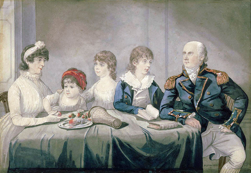 La famille King&nbsp;: Philip Gidley et Anna Josepha King, avec trois de leurs enfants, Elizabeth, Anna Maria and Phillip Parker (1799).