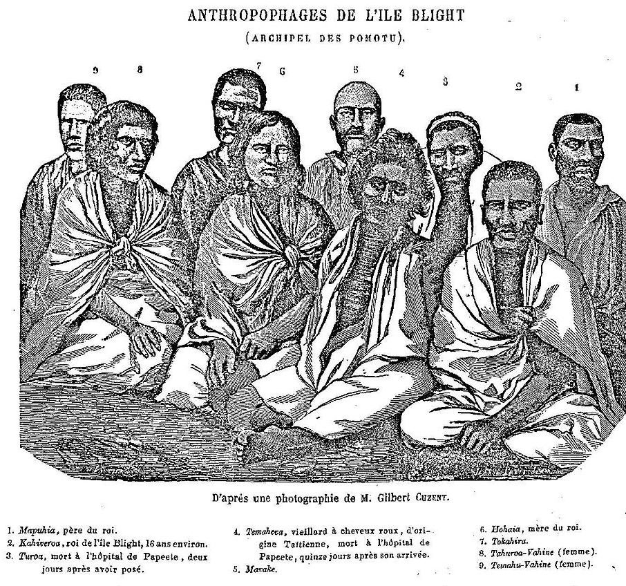 D’après une photo de Gilbert Cuzent, voici les adultes cannibales de Tematangi, tels qu’ils apparaissent dans les publications où le drame est évoqué, notamment le Mémorial polynésien.