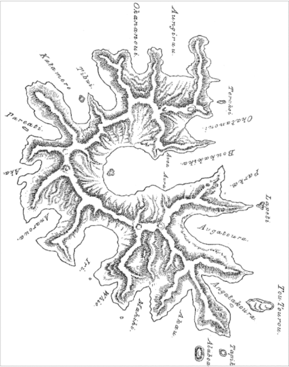 La carte de Rapa dressée par les Anglais en 1868, après leur reconnaissance de l’île pour ravitailler leurs bateaux.